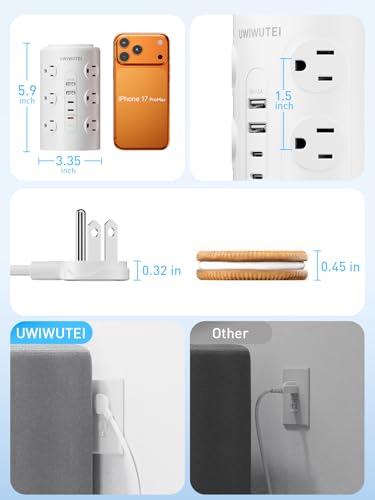 10FT White Tower Power Strip with 20W PD USB-C Fast Charging Port