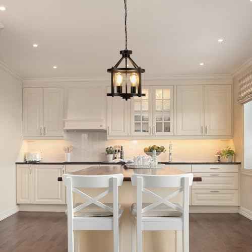 Black Farmhouse Chandelier, 4-Light Pendant Lights Over Kitchen Island, Industrial Chandelier Ceiling Hanging Light Fixtures for Entryway Dining Room Foyer Hallway Living Room, Adjustable Height