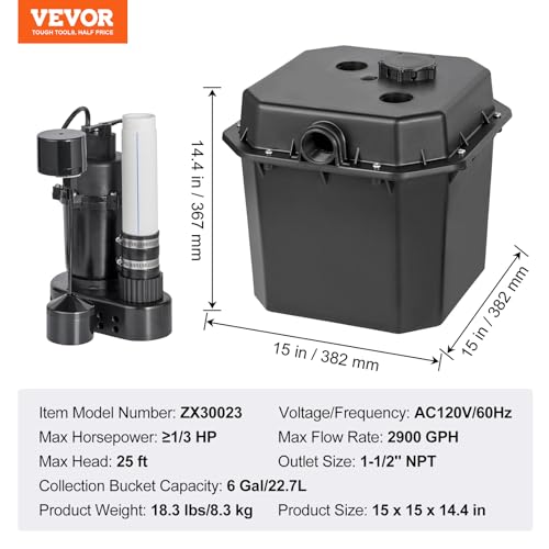 VEVOR 1/3 HP Utility Sink Pump Kit, 2900 GPH Automatic Drain System, 25 ft Head