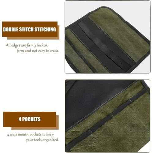 BLIRITEL Small Canvas Chisel Roll, Chisels Bag Tool Organizer with 4 Pockets, Metal Pry Bar Plier Wrench Roll Tool Pouch for Mechanic Carpenter Craftsman (Army Green)