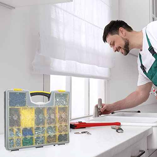 Storage Organizer Tool Box Set - Set of 4 Plastic Clear Top Parts, Craft, and Hardware Organizers with 3 Sized Compartments by Stalwart (Yellow/Black)