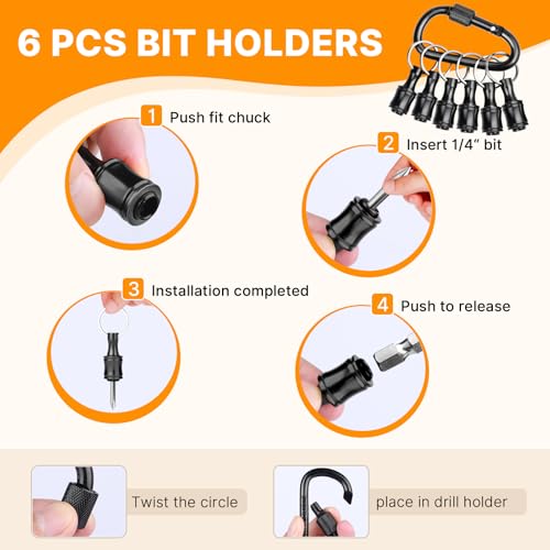 6PCS Keychain Bit Holder,Hex Drill Bit Holder for Impact Driver Drill Bit,Screwdriver Bit Holders for Tools and Gifts for Men,Black