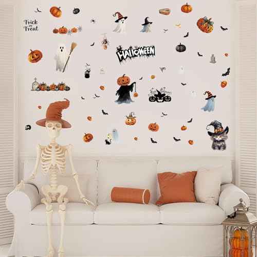 Halloween Wall Stickers and Window Clings 6 Sheets - Removable Peel and Stick Spooky, Bat, Pumpkin, Cat Decals for Home Office Classroom Halloween Decorations