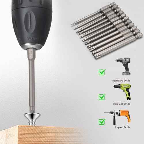 Torx Head Bit Set 02, 11-Piece 1/4 Inch Hex Shank T6 T7 T8 T9 T10 T15 T20 T25 T27 T30 T40 S2 Steel Torx Head Screwdriver Drill Set