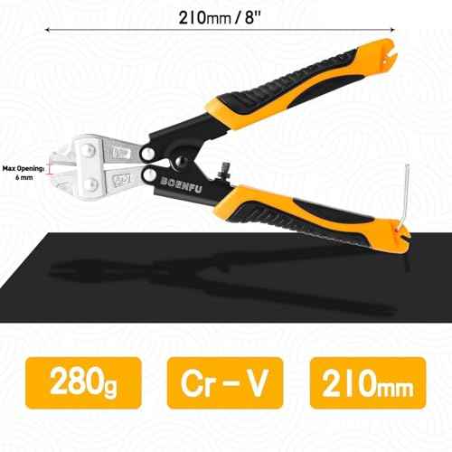 BOENFU Small Bolt Cutters 8 inches 210mm Heavy Duty Wire Cutters Spring Loaded Chrome Vanadium Steel Blade for Wire, Cables, Chains, Small Screws, Orange