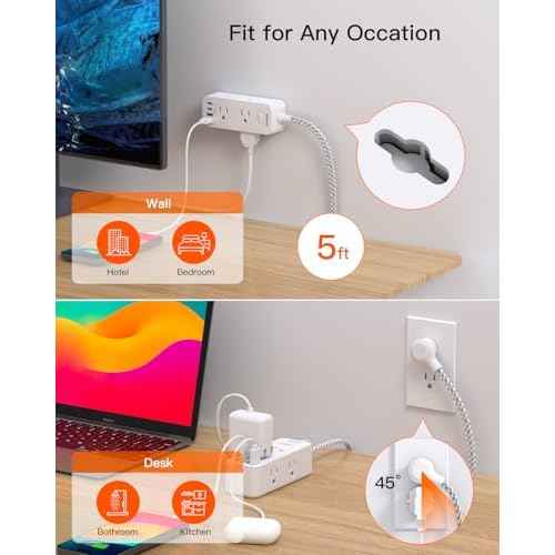 Power Strip Surge Protector, BESHON 5Ft Extension Cord, 6 Outlets with 4 USB Ports (2 USB C Outlet), 3-Side Outlet Extender, Wall Mount, Compact for Travel, Home, School, College Dorm Room and Office