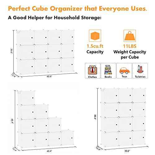 C&AHOME Cube Storage Organizer with Doors, 12-Cube Shelves, Closet Cabinet, DIY Plastic Modular Bookshelf Ideal for Bedroom, Living Room, 36.6¡±L x 12.4¡±W x 48.4¡±H Milky USHS3012M-DOOR