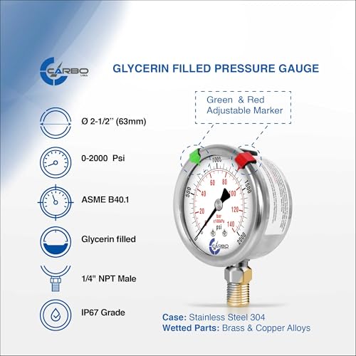 CARBO Instruments Stainless Steel Pressure Gauge Dual Display (0-2000 psi/kPa) - 2 1-2" Glycerine Liquid Filled Water Air Oil Gas Gauge with Polycarbonate Lens & Brass Connection -1/4" NPT Lower Mount