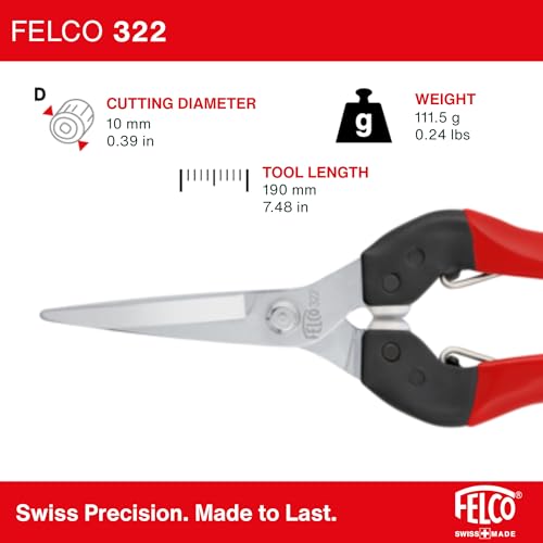 Felco F322 Pruning Snips 1.8in Straight Coated Carbon Steel Garden Clippers