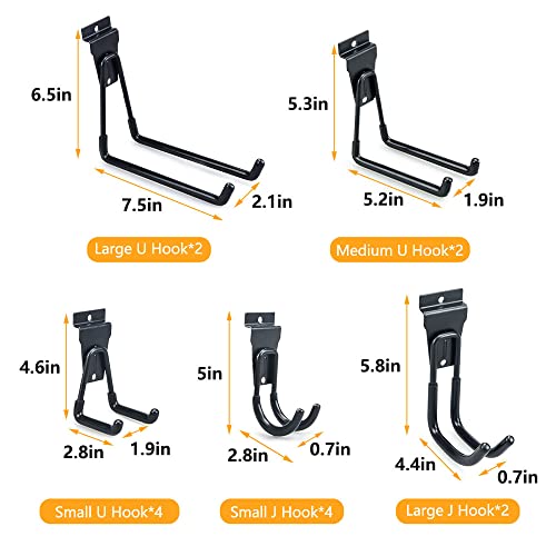 Slatwall Hooks, Slat Wall Accessories Multi Size Garage Hooks Storage Utility Hanging Hooks Wall Mount Tool Holder for Ladder Garden Tools (14 Pack, Black)