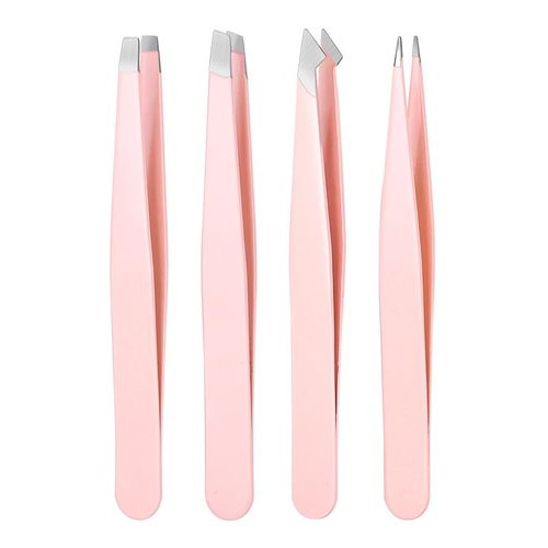 4 Piece Tweezers Set with Leather Case Precision Eyebrow Tweezers Kit Slant Pointed Flat Curved Tip for Facial Hair(P2)