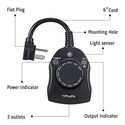 Tiffcofio Outdoor Timer Outlet 1 Pack Dusk to Dawn Weatherproof Light Sensor