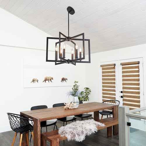 Dining Room Light Fixture, Modern Black Chandelier Farmhouse Metal Pendant Light for Foyer Enteyway Living Room Kitchen Island, 6 Wrought Iron Lights E12 Bulbs, Height Adjustable, 21.2 inch
