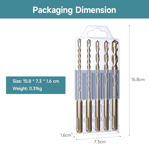 SDS Plus Rotary Hammer Drill Bits Set, 5 Pcs (3/16", 1/4", 5/16", 3/8", 1/2") x 6 in. ? Carbide Tipped Masonry Drill Bit Kit for Concrete, Brick, Cement, Stone