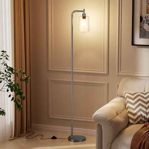 Floor Lamps for Living Room - Industrial Standing Lamp with Glass Shade, Modern Grey Floor Lamp with LED Bulb, Farmhouse Floor Lamp for Bedroom, Tall Lamp for Office - Grey