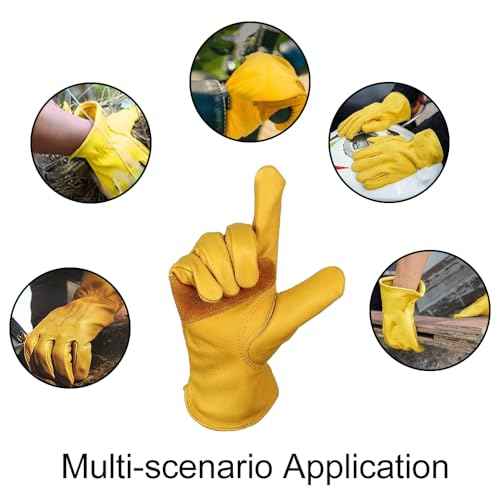 3 Pairs Leather Work Gloves for Men, Durable Gardening Gloves, Cowhide Work Gloves for Driver, DIY, Construction