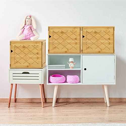 Fasmov Cube Storage Organizer, Bamboo Cube Bookshelf, Stackable Connect Storage Cube Cubby Organizer with Door, Stackable Cubes Bin for Bedroom, Home and Office