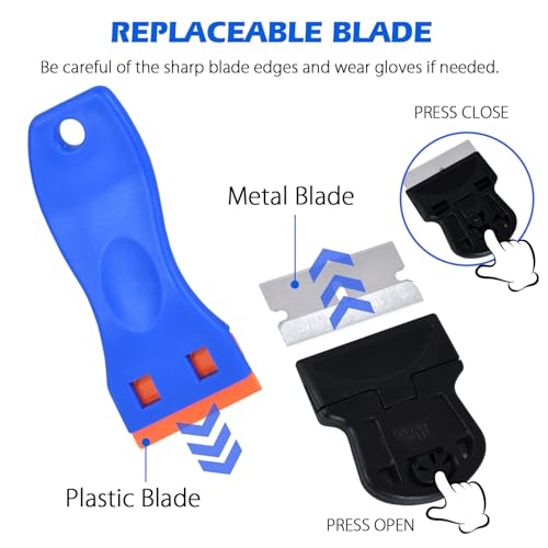 4 Pack Razor Blade Scraper Set with 20 Pcs Extra Replacement Metal and 20 Pcs Plastic Razor Blades, Scraper Tool for Cleaning Cooktop, Paint, Tile, Window, Glass