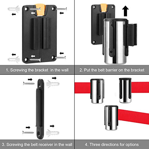 Wall Mounted Retractable Belt Barrier, Stainless Steel Rope Safety barriers with 6.5ft red Belt, Barking System Supported