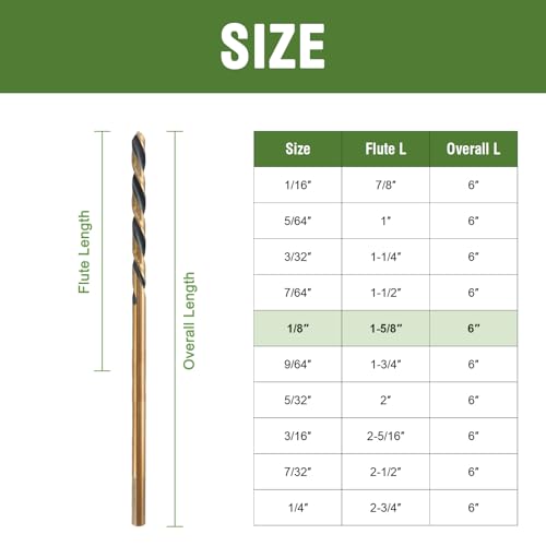 1/8" x 6" Extra Long Drill Bit (6 Pack), Aircraft Extension Drill Bits M2 High Speed Steel for Wood, Soft Metal, Plastic
