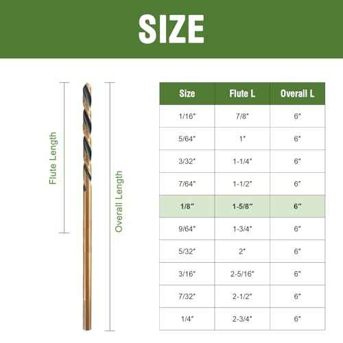 1/8" x 6" Extra Long Drill Bit (6 Pack), Aircraft Extension Drill Bits M2 High Speed Steel for Wood, Soft Metal, Plastic