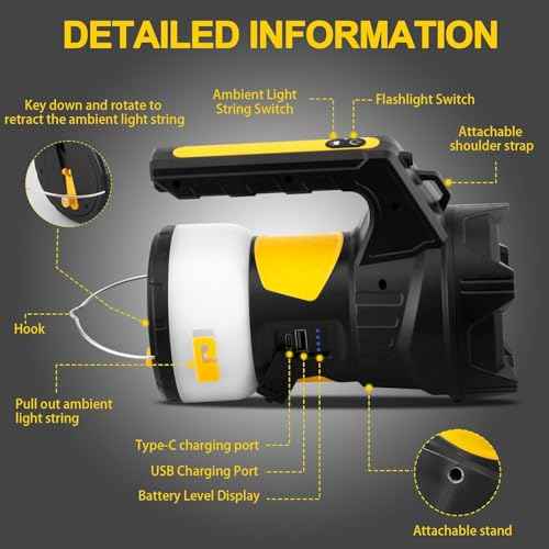 Camping Lantern Rechargeable, LED Flashlight Spotlight Lantern, Waterproof Lantern Flashlight for Hurricane Emergency, Hiking, Outdoor Patio and Garden Party Decoration