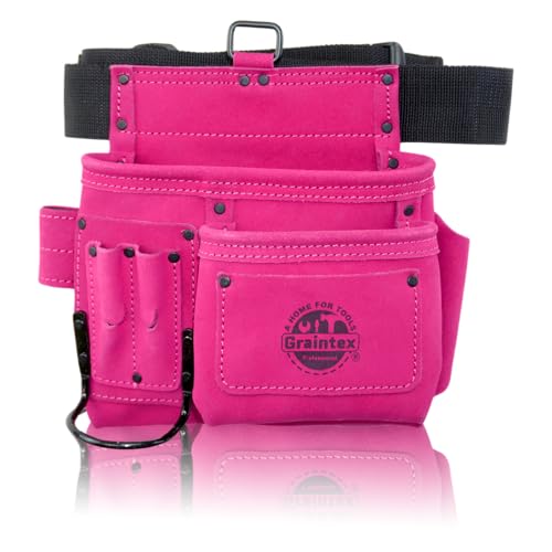 Graintex 5 Pocket Suede Leather Tool Belt/Bag | Pink | Multipurpose Leather Tool Belt for Women and Men | Construction, Electrician, Handymen, Carpenter, Gardening Pouch and DIY Projects