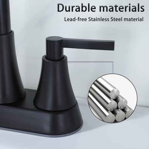 SHACO Black Bathroom Faucets for Sink 3 Hole, 2 Handle 360 Swivel Spout Stainless Steel 4 Inch Centerset Faucet for Vanity RV with Pop-up Drain and Supply Hoses, 2 Pack