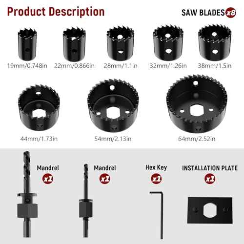 12-Piece Hole Saw Kit, Includes 8 Sizes (3/4" to 2-1/2"), Arbors, Drill Bits, and Hex Key, Ideal for Softwood, Plywood, and PVC (Black)