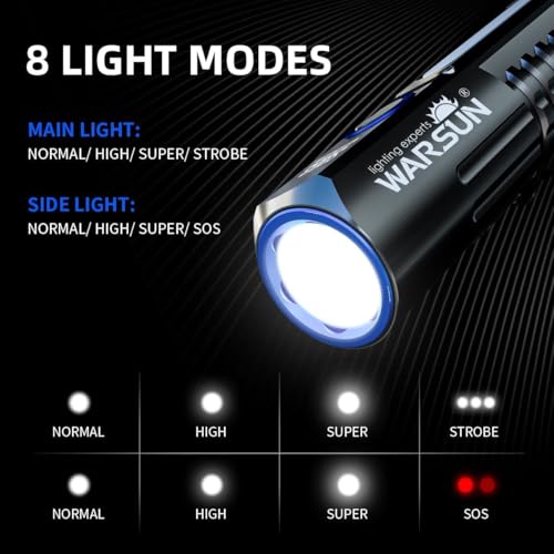 WARSUN SQ03 EDC Pocket Flashlight - Rechargeable 1000 Lumen LED Flashlight with Clip, Magnetic Base, Type-C Charging, Waterproof Aluminum Alloy Body for Camping, Hiking, Night Walks, Home Use