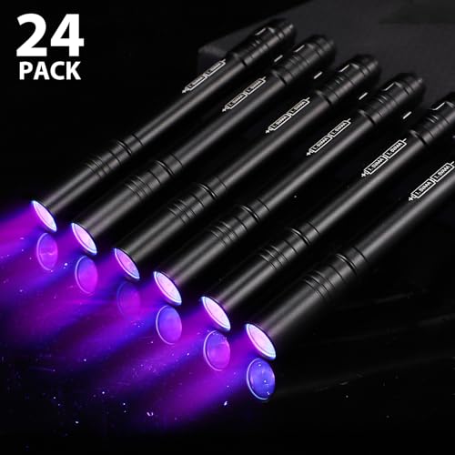24 Pack UV Blacklight Flashlights Bulk, 395nm UV Pen Light with Clip, LED Handheld Blacklight Detector for Leak Pet Urine Hotel Inspection Dry Stain Neon Party Favors(Black)