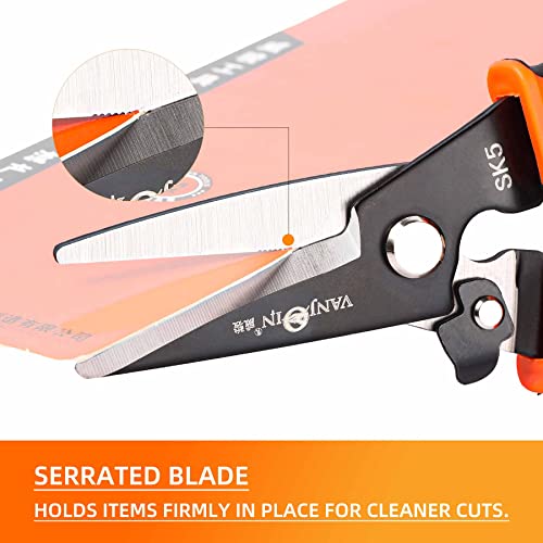 Heavy Duty Scissors, 9 Inch Multipurpose Carpet Cutting Scissors with Finely Serrated, Steel Shears Spring Loaded Snips for industry home for Copper Wire, Cardboard, Fabric, Tree Branches