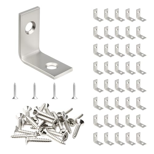 WellMade 1 Inch Stainless Steel L Brackets - 40 Pack Corner Shelf & Furniture Supports