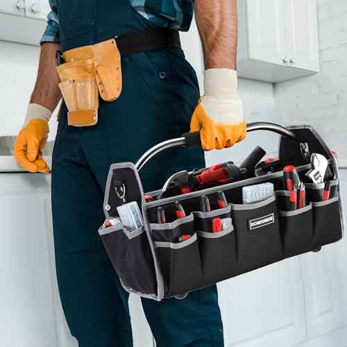 18 Inch Tool Bag, Electrician Tool Bag, Open Top Tool Bags, 26 Pockets Can Hold Many Tools, Steel Handle and Removable Shoulder Strap