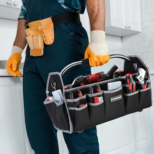 18 Inch Tool Bag, Electrician Tool Bag, Open Top Tool Bags, 26 Pockets Can Hold Many Tools, Steel Handle and Removable Shoulder Strap