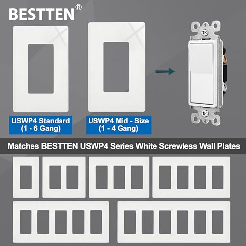 BESTTEN 10 Pack Single Pole Decorator Light Switch with Wallplate - White, 15A 120/277V, Rocker Paddle, On/Off UL Certified