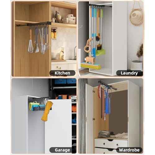 Pull Out Broom Holder With Adjustable Double Row Sliding Hook, Multifunctional Slide Broom And Mop Storage/Organizer Garage Organization Hooks, for Closet Laundry Garage - 36cm/14.17in