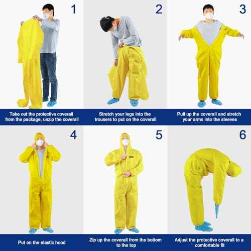 Hazmat Suit Disposable Coverall | Heavy Duty Full Body Paint Coverall & Suit in 7 Sizes with Multiple Specifications With Hood - Breathable & Water Resistant - X-Large, Yellow, 1