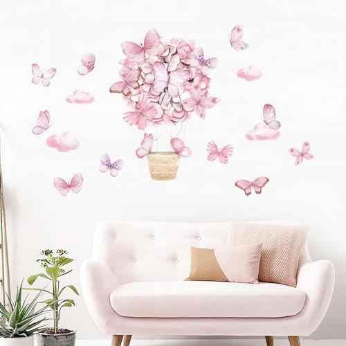 Pink Butterfly Hot Air Balloon Wall Stickers, sacinora DIY Cartoon Art Wall Decals Removable Vinyl Peel and Stick for Kids Baby Girl Nursery Bedroom Children's Room Studyroom Playroom Decorations