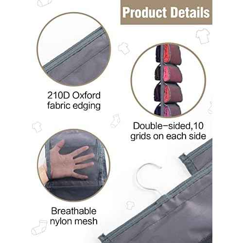 2 Pack Legging Storage Organizer- Hanging Closet Organizer System Clothes Closets Holder with 20 Roll Independent Compartments for Yoga Leggings T-Shirts Bras Socks Pants Tank Top Towel(Grey)