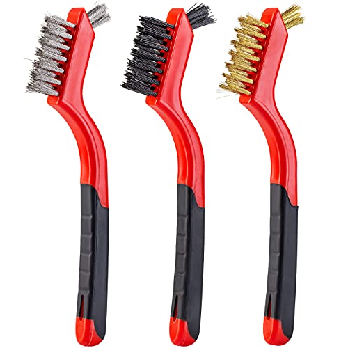 Small Wire Brush Set, Wire Brushes for Cleaning Rust Removal, 3 Brush Types Stainless Steel Brush for Cleaning, Brass Metal Brush, and Nylon Brushes.