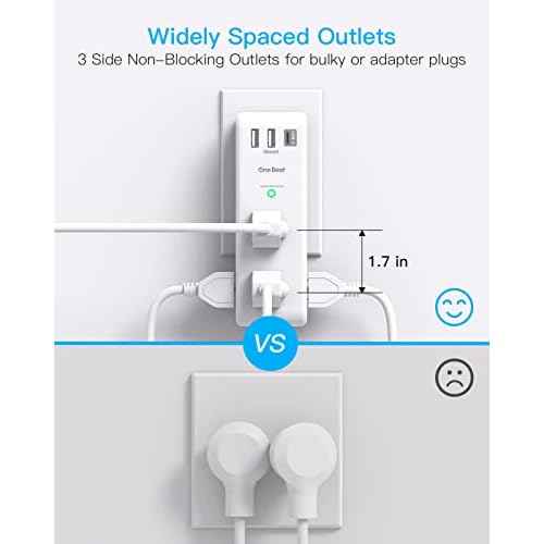 Surge Protector Outlet Extender - with Rotating Plug, 6 AC Multi Plug Outlet with 3 USB Ports (1 USB C), 1800J Wall Charger, 3-Sided Power Strip with Spaced Outlet Splitter for Home, Office, Travel