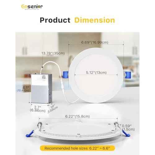 Ensenior 12 Pack 6 Inch LED Recessed Ceiling Light, Dimmable, 2700K-5000K 5CCT, 1200LM 12W 120V, High Brightness Canless Wafer Downlight - ETL&FCC&IC
