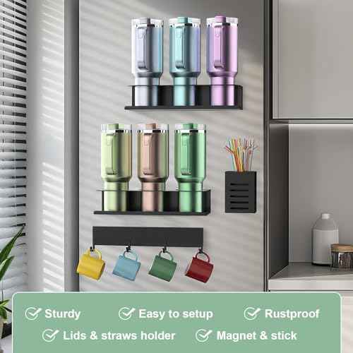 2 Pack Magnetic Stanley Cup Organizer Water Bottle Holder for Stanley 30&40 oz Tumbler with Lid Hook Straw Holder and Double Sided Tape Hold Stanley Cup Accessories for Kitchen Fridge Cabinet
