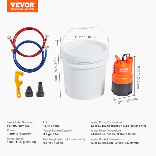 VEVOR 3.7 Gallon Tankless Water Heater Flushing Kit with Pump, Hoses & Accessories