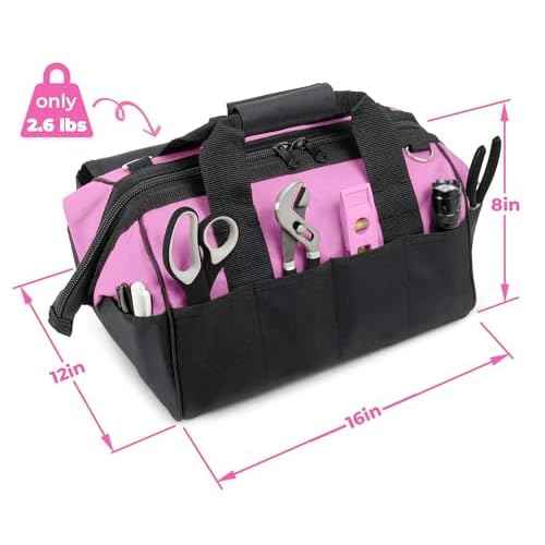 Pink Power Pink Tool Bag for Women -16" Tool Tote Bag w/ 22 Storage Pockets - Womens Small ToolBag Ladies ToolBox for Hand Tools, Power Kits & More - Womens Zipper Toolbag Caddy Organizer