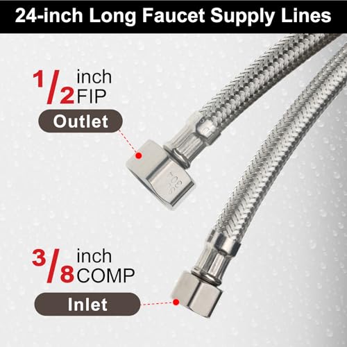 Midanya 24 Inch Stainless Steel Faucet Supply Lines 1/2" FIP x 3/8" Compression - 2 Pack
