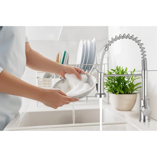 KHQF Brushed Nickel Kitchen Faucet with Pull Down Sprayer, Standard Model with Deck Plate
