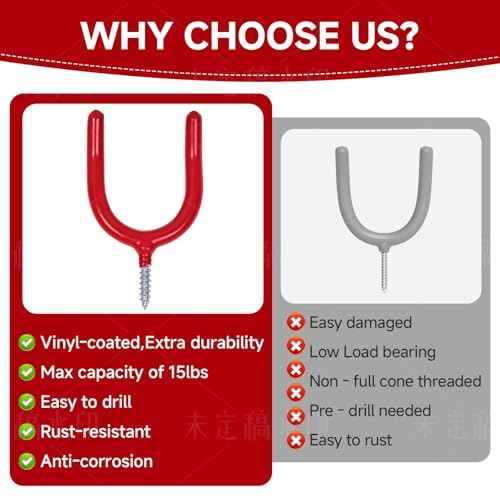 6 Pack Garage Storage System Steel U Hooks with Anti-Slip Coating Home Improvement and Organization Screw in Hooks Easy Wall Mounting Heavy Duty Bike and Ladder (Red, 6 Pack)