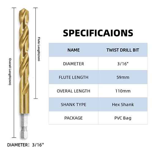 Titanium Twist Drill Bit Set- 3/16''(10PCS)£¬Titanium HSS Hex Shank Impact Drill Bit Set with High Speed Steel for Wood Plastic Aluminum Alloy, Quick Change